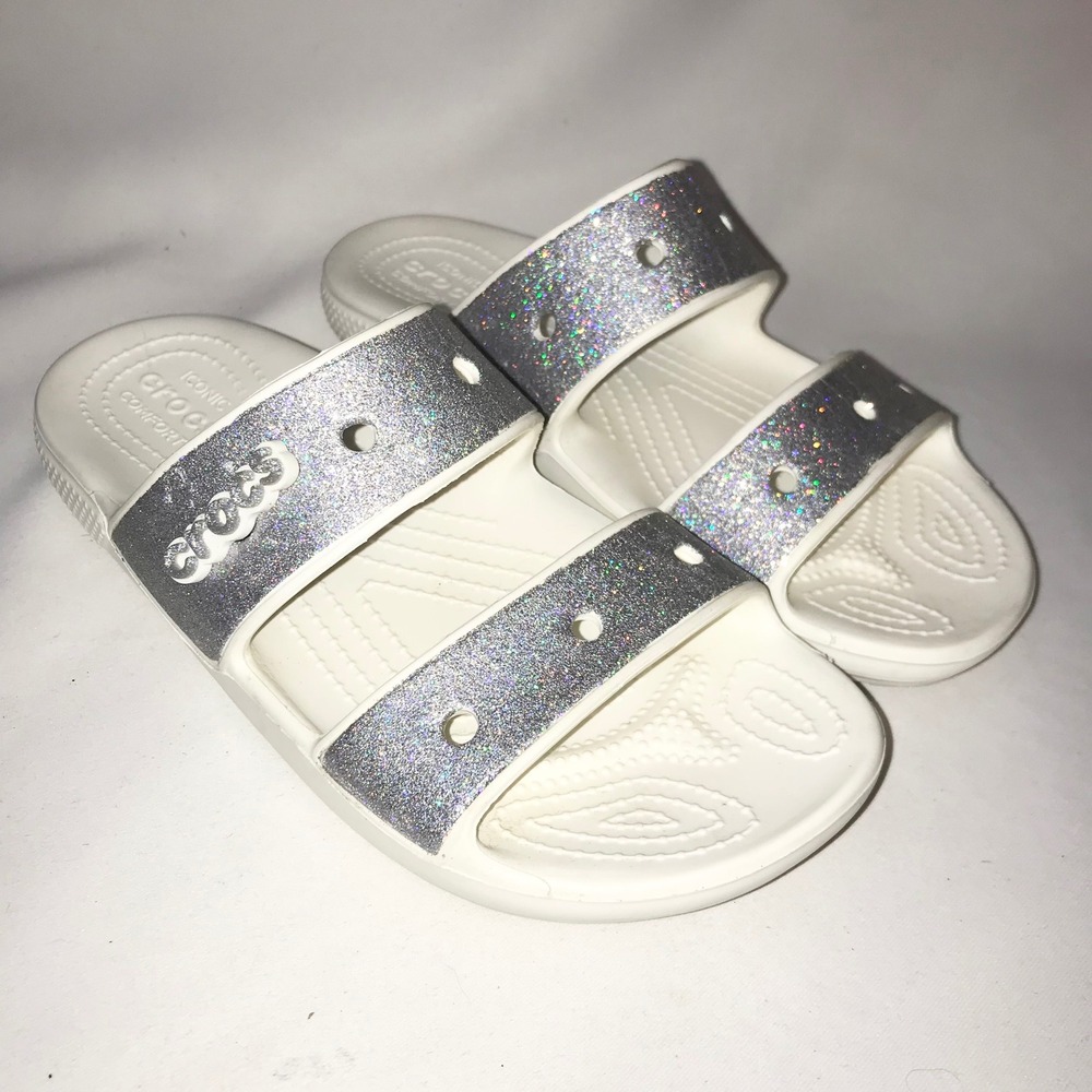 Crocs Classic Glitter Sandals Silver Strap Slides Womens 7 Mens 5 Comfort Summer